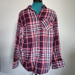 Ava & Viv Long Sleeve Plaid Flannel Button-Down Pink/Black XL